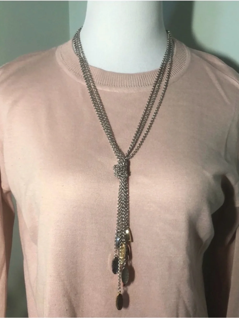 Long Multi Strand Silver Lariat Necklace Mixed Metal Disc Dangle Statement